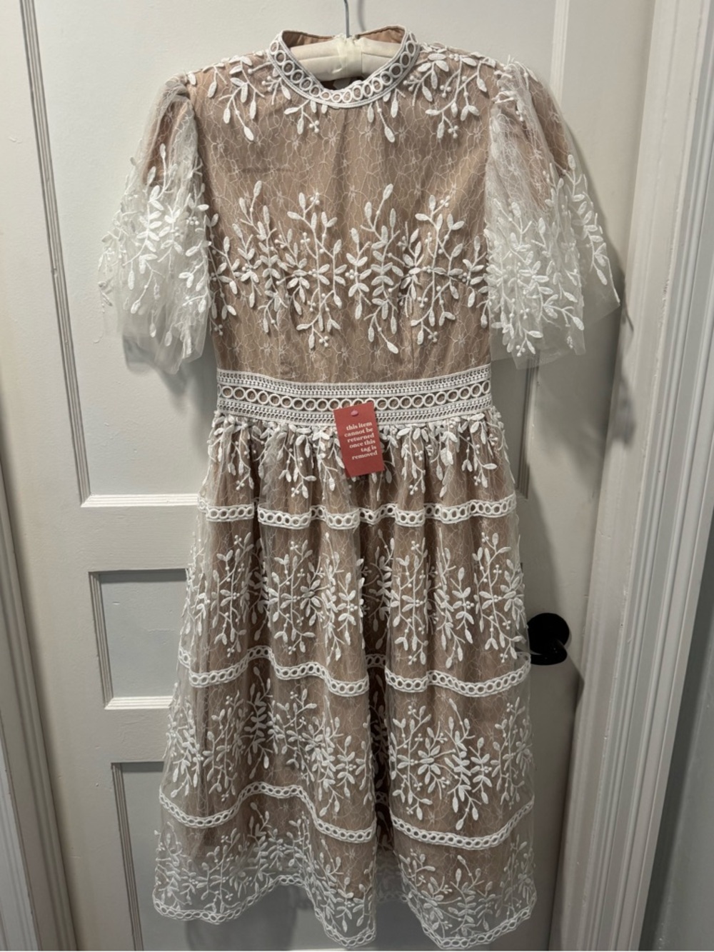 Ivy City Co Beige Midi Dress with White Lace Overlay